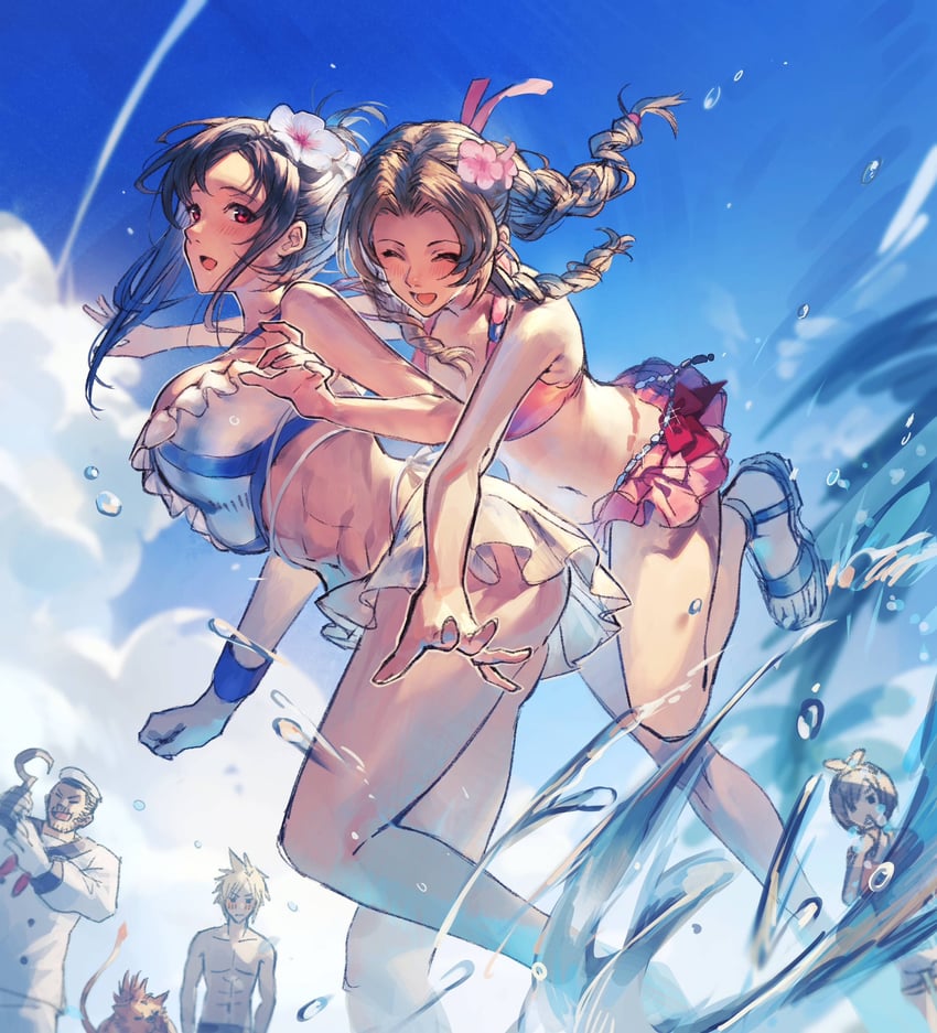 tifa lockhart, cloud strife, aerith gainsborough, yuffie kisaragi, barret wallace, and 1 more (final fantasy and 3 more) drawn by asina71