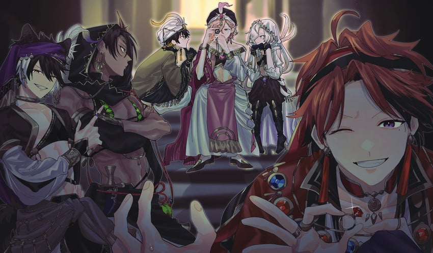 kageyama shien, aragami oga, yukoku roberu, rikka, yatogami fuma, and 1 more (holostars) drawn by momiage_40