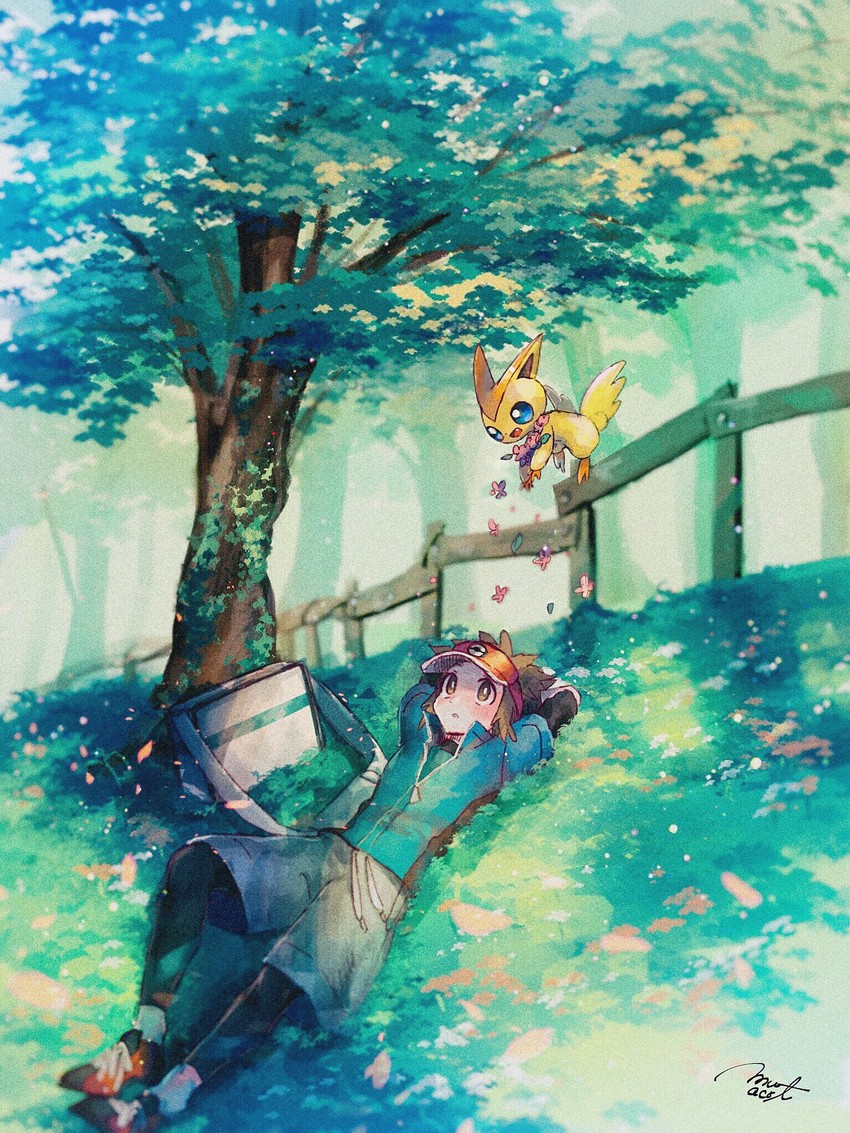 nate and victini (pokemon and 1 more) drawn by hanenbo