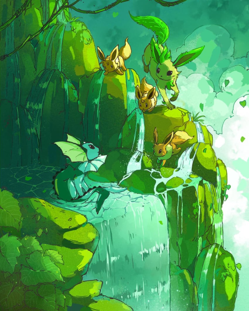 eevee, vaporeon, and leafeon (pokemon) drawn by john_ramsey