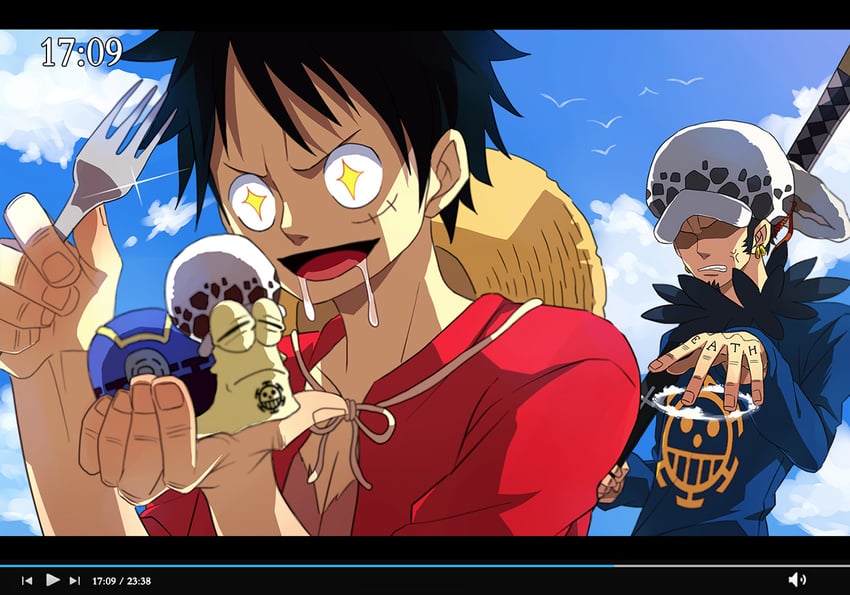 monkey d. luffy, trafalgar law, and den den mushi (one piece) drawn by x.hyo