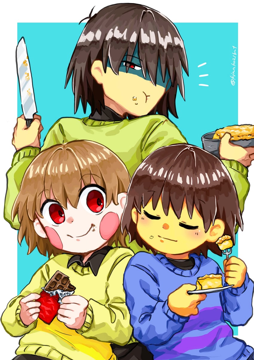 frisk, chara, and kris (undertale and 1 more) drawn by kinuko21b
