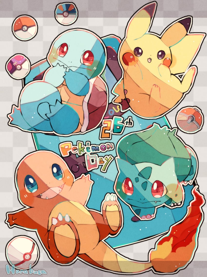 pikachu, bulbasaur, squirtle, and charmander (pokemon and 1 more) drawn by hanabusaoekaki
