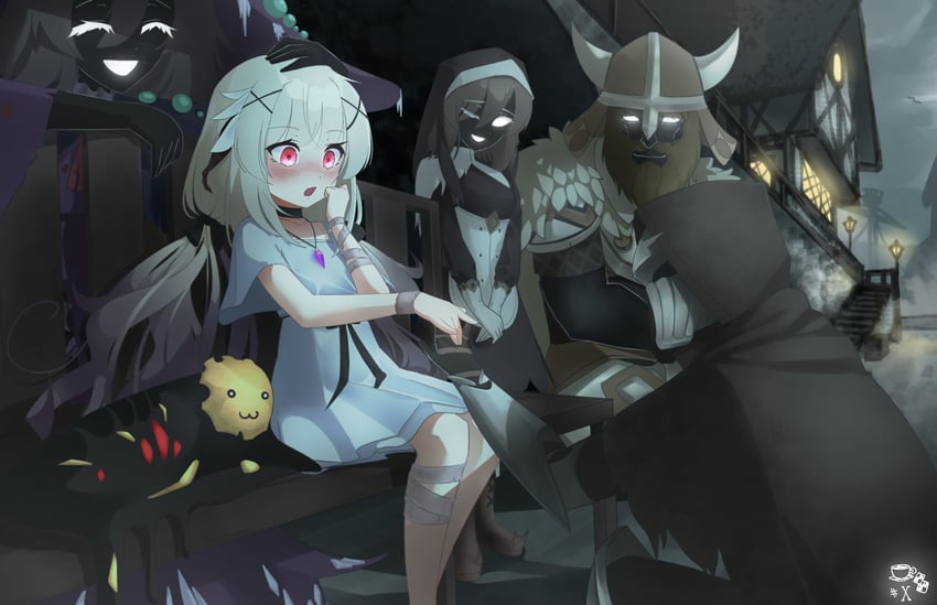 fallenshadow, lily, umbral knight, dark witch eleine, gerrod the elder warrior, and 1 more (indie virtual youtuber and 1 more) drawn by tea_party_biscuits