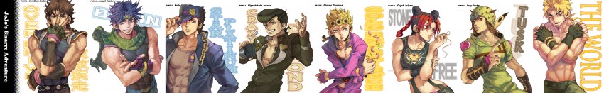 joseph joestar, kujo jotaro, dio brando, kujo jolyne, giorno giovanna, and 3 more (jojo no kimyou na bouken and 7 more) drawn by tem_(artist)