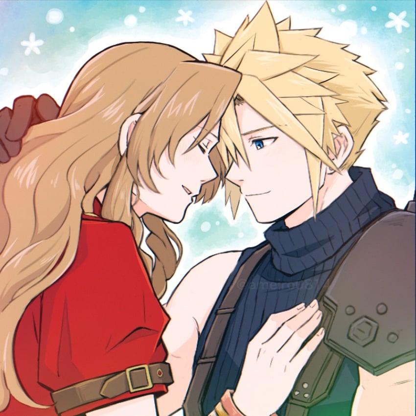 cloud strife and aerith gainsborough (final fantasy and 3 more) drawn by ameiro0814