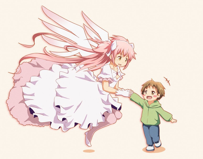 kaname madoka, ultimate madoka, and kaname tatsuya (mahou shoujo madoka magica) drawn by riai_(onsen)