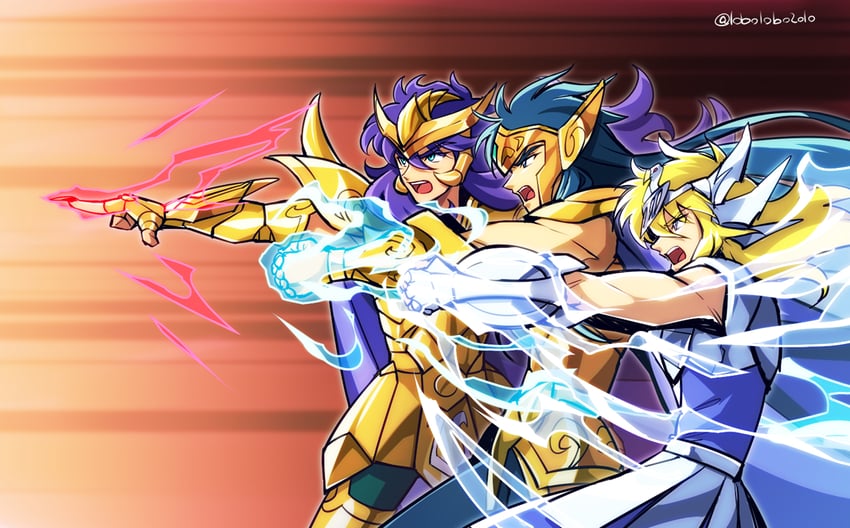 aquarius camus, scorpio milo, and cygnus hyouga (saint seiya) drawn by momoji_(lobolobo2010)