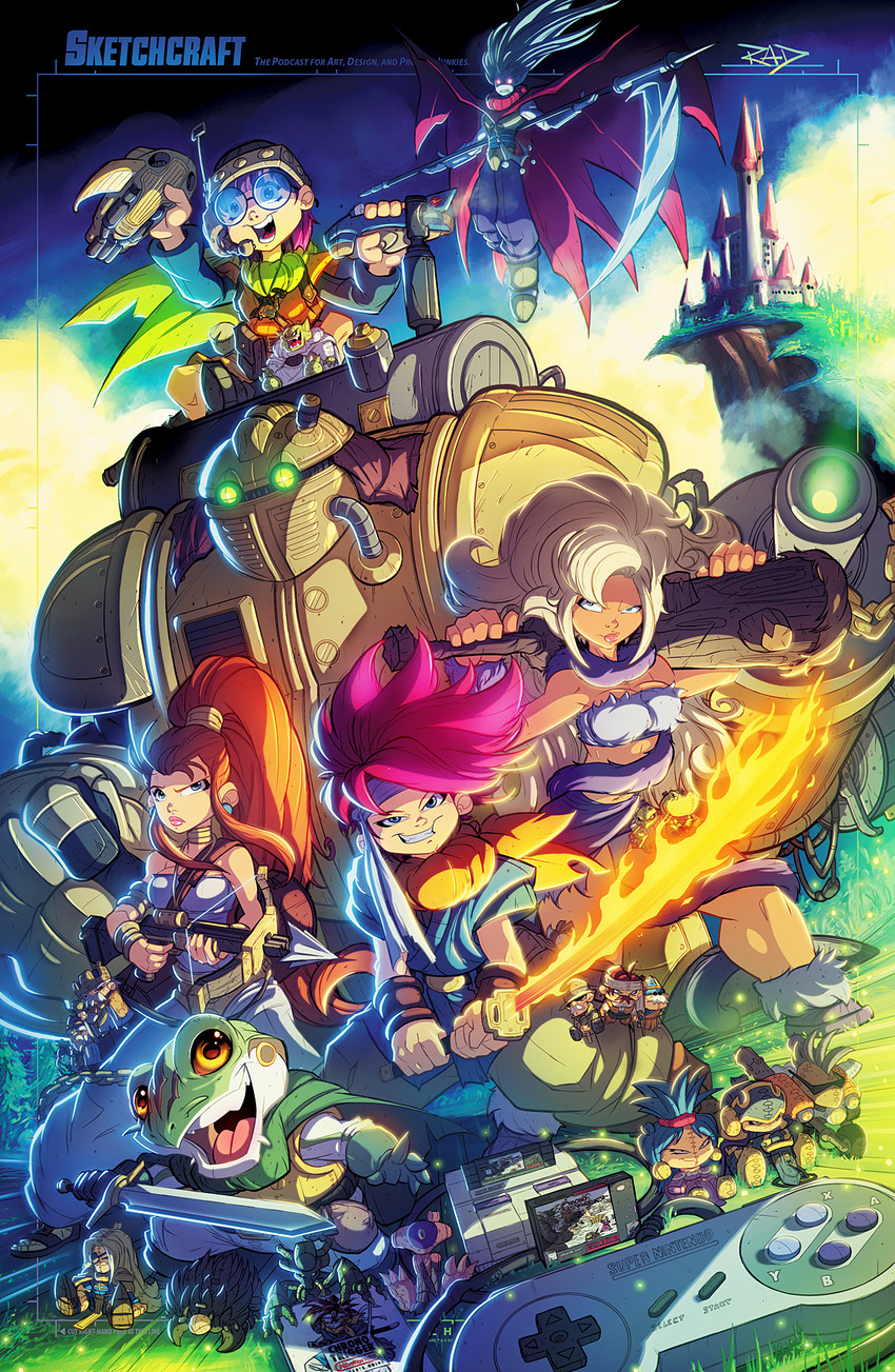 lucca ashtear, crono, marle, ayla, robo, and 2 more (nintendo and 2 more) drawn by rob_duenas