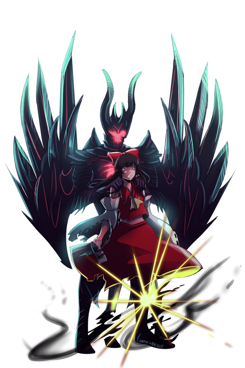 hakurei reimu and terrorblade (touhou and 2 more) drawn by darklitria