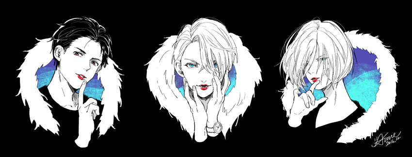 katsuki yuuri, viktor nikiforov, and yuri plisetsky (yuri!!! on ice) drawn by anne_(annene)