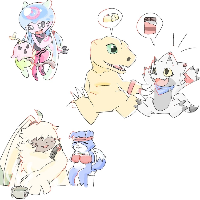 jellymon, gammamon, agumon, gaomon, angoramon, and 1 more (digimon and 2 more) drawn by cottoncollie