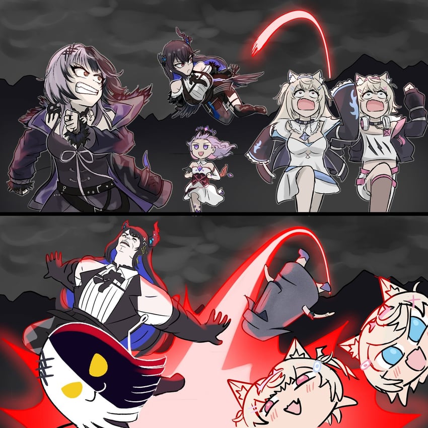 shiori novella, nerissa ravencroft, fuwawa abyssgard, mococo abyssgard, and koseki bijou (hololive and 3 more) drawn by dunkemz