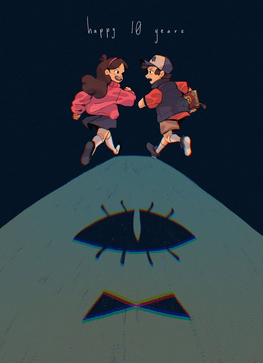 mabel pines, dipper pines, and bill cipher (gravity falls) drawn by fruiitlins