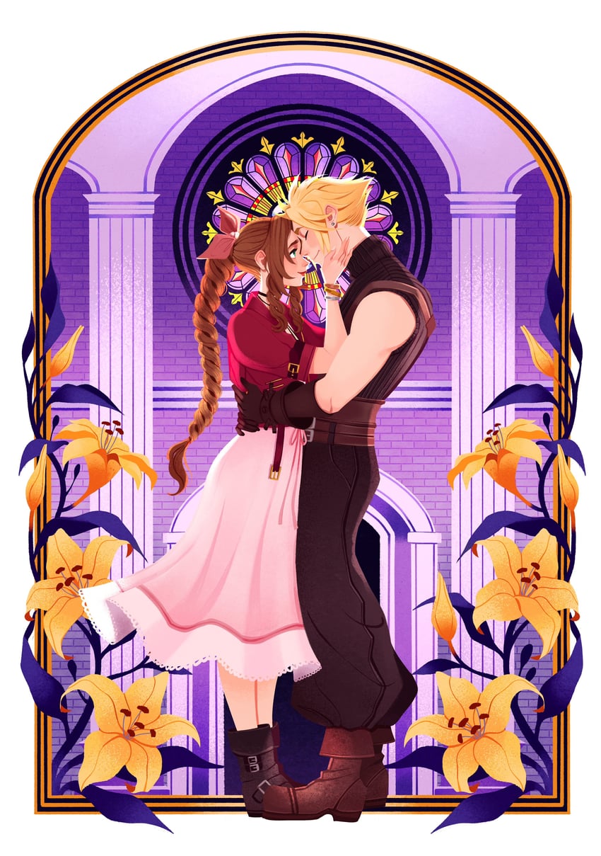 cloud strife and aerith gainsborough (final fantasy and 2 more) drawn by solastria