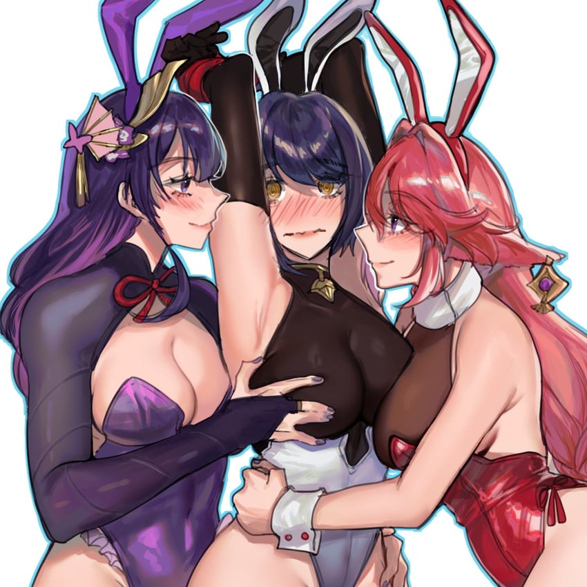 raiden shogun, yae miko, and kujou sara (genshin impact) drawn by kiegenshin