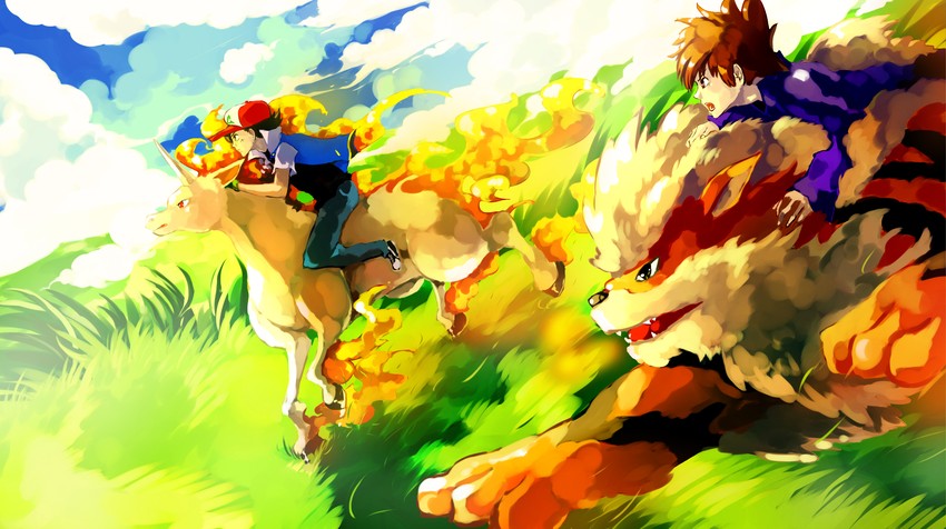 ash ketchum, arcanine, rapidash, and gary oak (pokemon) drawn by sa-dui