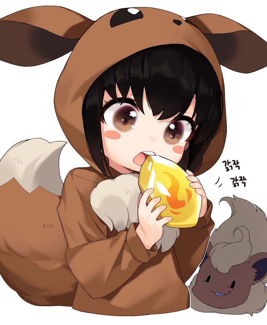 eevee, flareon, and poke kid (pokemon and 1 more) drawn by sankyaku_tako