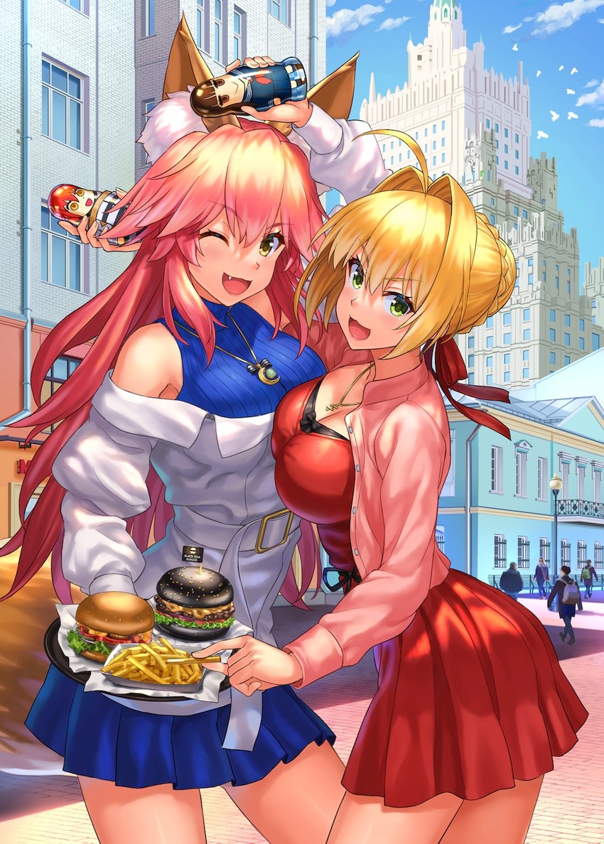 fujimaru ritsuka, tamamo, nero claudius, tamamo no mae, and kishinami hakuno (fate and 2 more) drawn by npcpepper