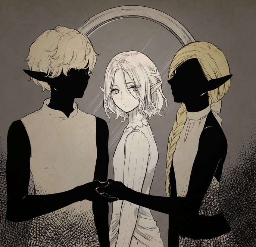 mithrun, mithrun's brother, and braided ponytail elf (dungeon meshi) drawn by sami_(3a3i3a3i)