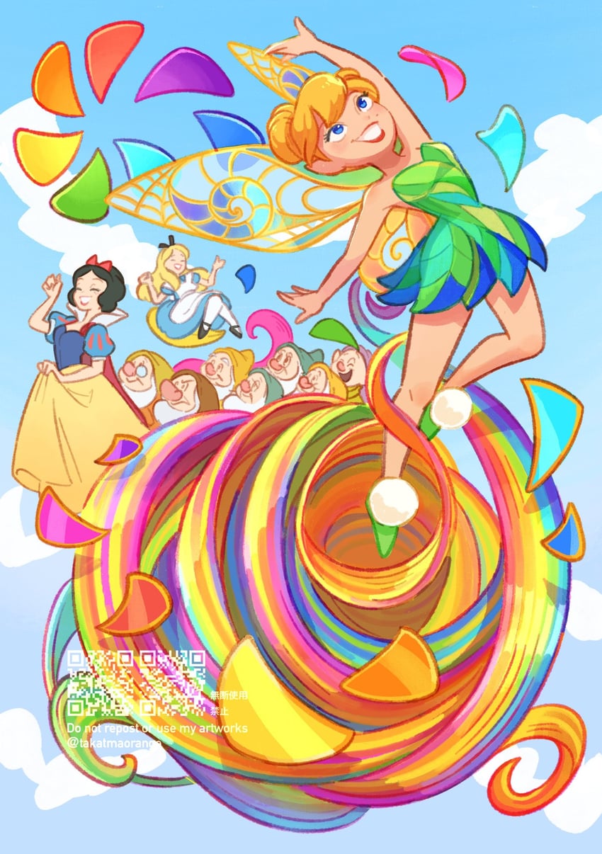 snow white, tinker bell, alice, bashful, dopey, and 5 more (snow white and the seven dwarfs and 2 more) drawn by takatmaorange