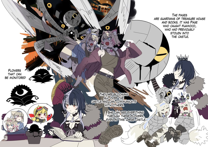 shiori novella, fuwawa abyssgard, mococo abyssgard, kaela kovalskia, and yorick (hololive and 2 more) drawn by yomosaka