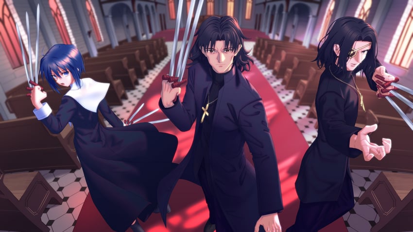 kotomine kirei, ciel, and hansa cervantes (fate and 4 more) drawn by okuribi