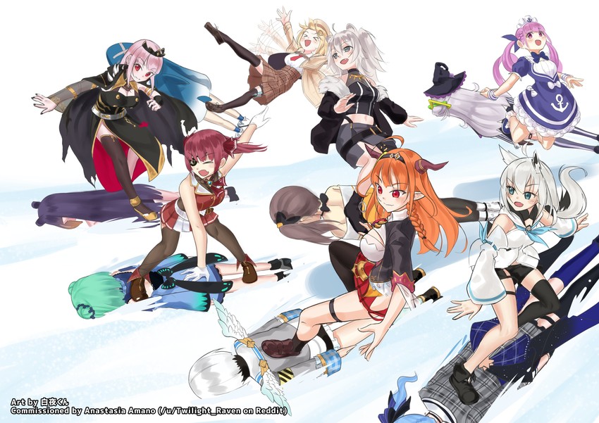 houshou marine, gawr gura, shirakami fubuki, hoshimachi suisei, mori calliope, and 9 more (hololive and 2 more) drawn by hakuya_kung