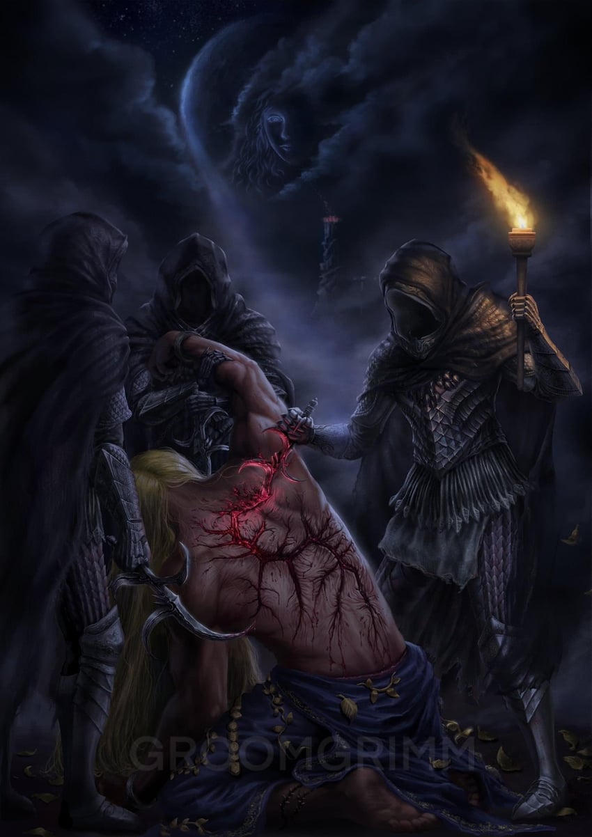 godwyn the golden, lunar princess ranni, black knife assassin, black knife tiche, and alecto black knife ringleader (elden ring) drawn by groomgrimmart