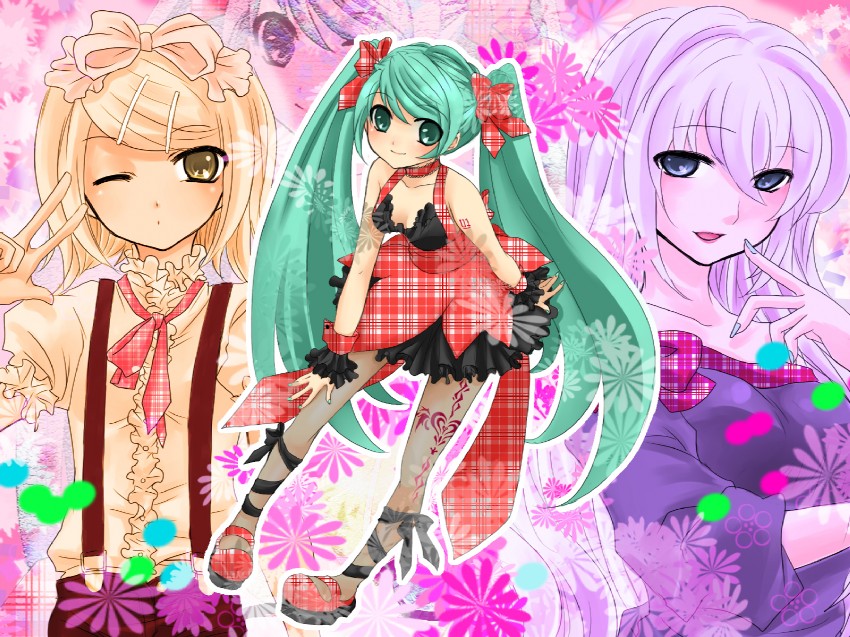 hatsune miku, kagamine rin, and megurine luka (vocaloid) drawn by yayoi_(egoistic_realism)