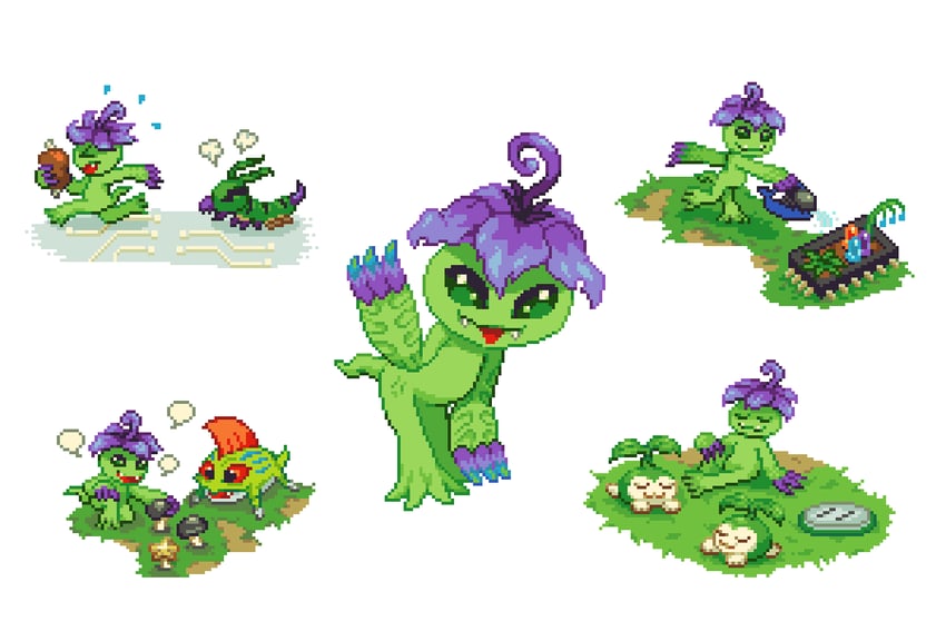 tanemon, betamon, whamon, alraumon, modokibetamon, and 1 more (digimon) drawn by pizzaglover
