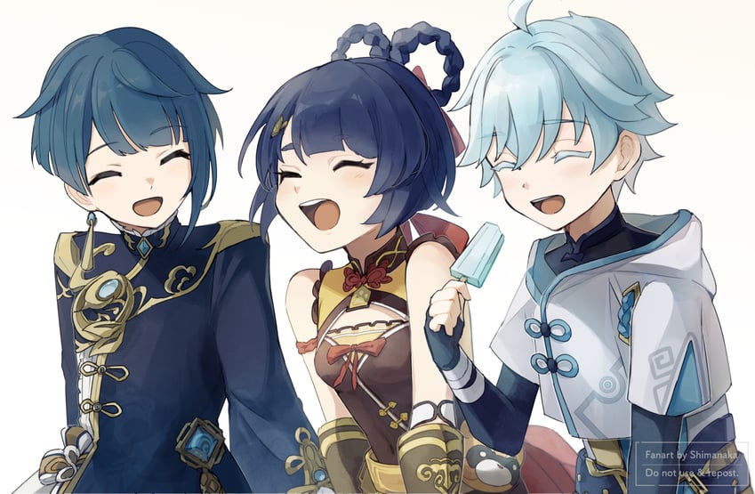 xingqiu, chongyun, and xiangling (genshin impact) drawn by shimanaka_(shimanaka_sushi)