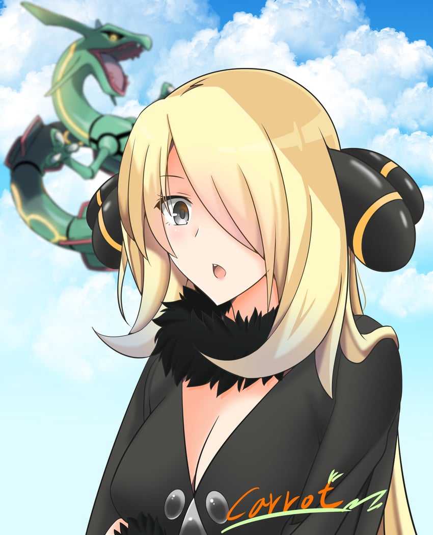 cynthia and rayquaza (pokemon and 1 more) drawn by slope_(check238)