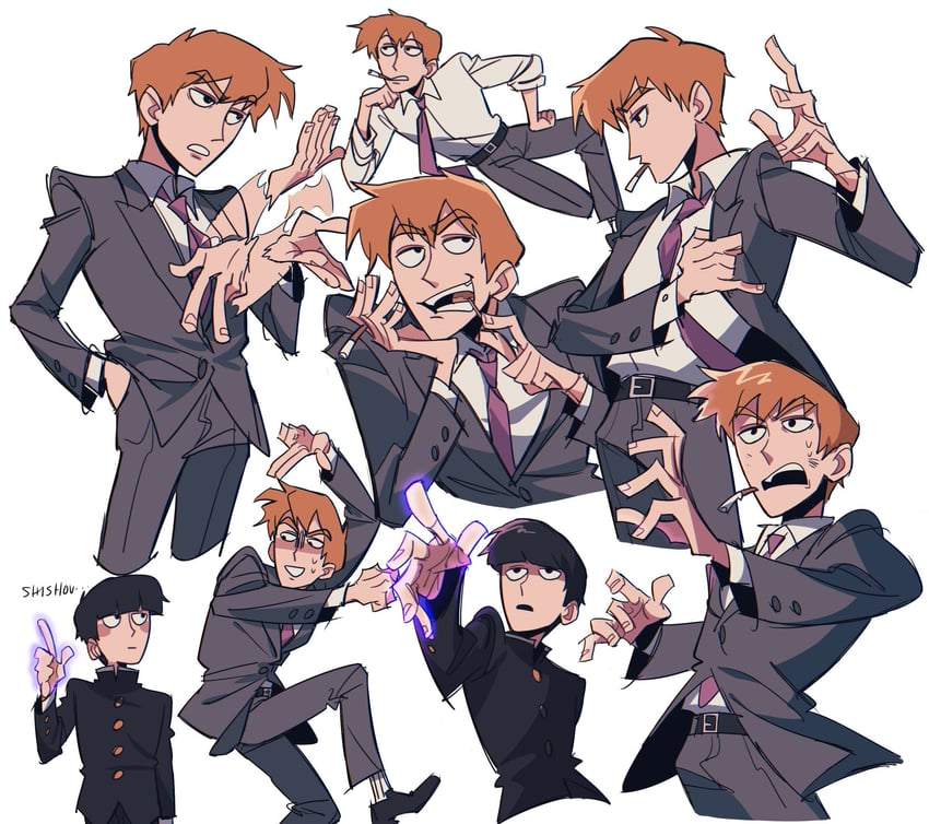 kageyama shigeo and reigen arataka (mob psycho 100) drawn by min_(minthaver)