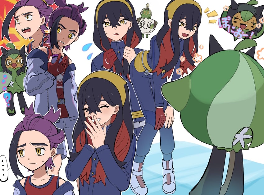 kieran, carmine, ogerpon, and sinistcha (pokemon and 1 more) drawn by iruzu_(pixiv27236115)
