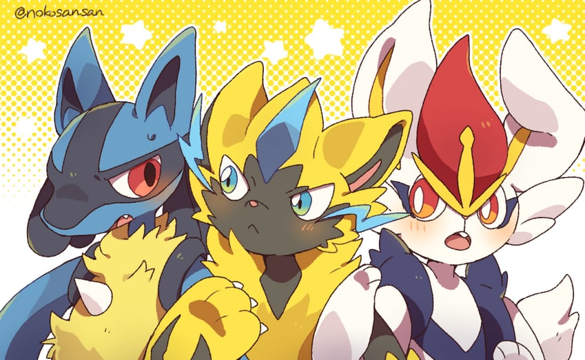 lucario, cinderace, and zeraora (pokemon) drawn by roku_(rokkrn)