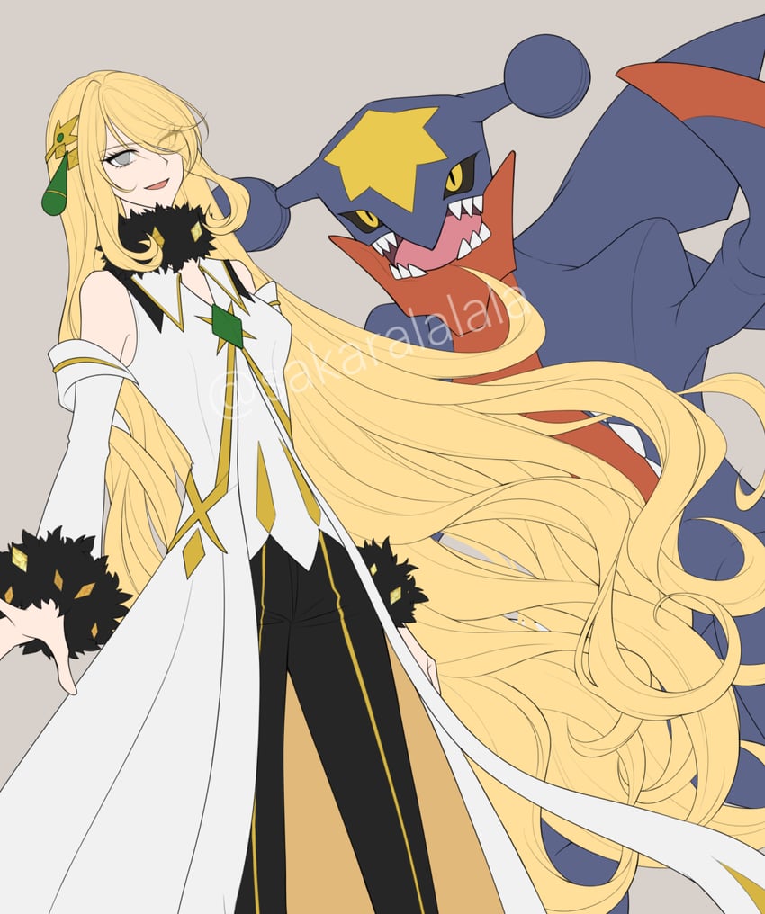 garchomp, cynthia, and mega garchomp (pokemon and 1 more) drawn by sakaralalala