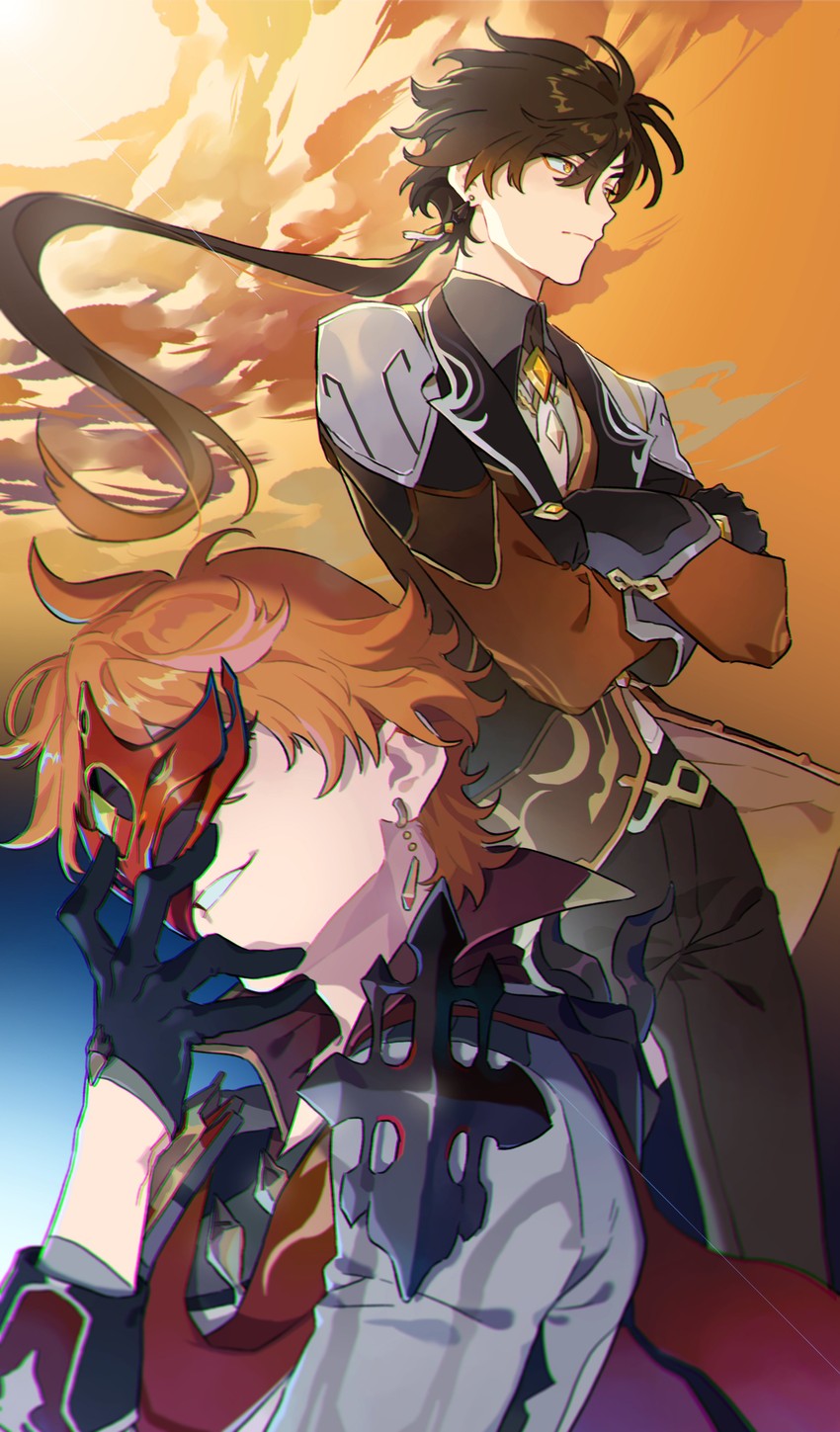 zhongli and tartaglia (genshin impact) drawn by honlo