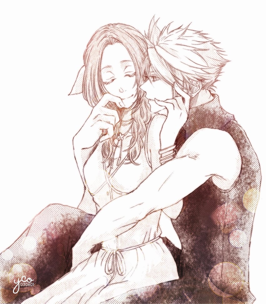 cloud strife and aerith gainsborough (final fantasy and 2 more) drawn by yco_030601