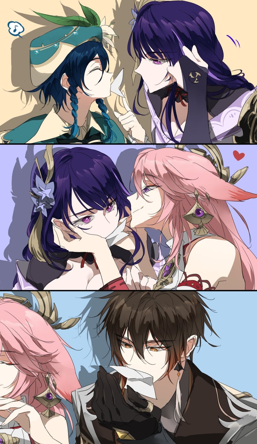raiden shogun, yae miko, zhongli, and venti (genshin impact) drawn by ee_kang12