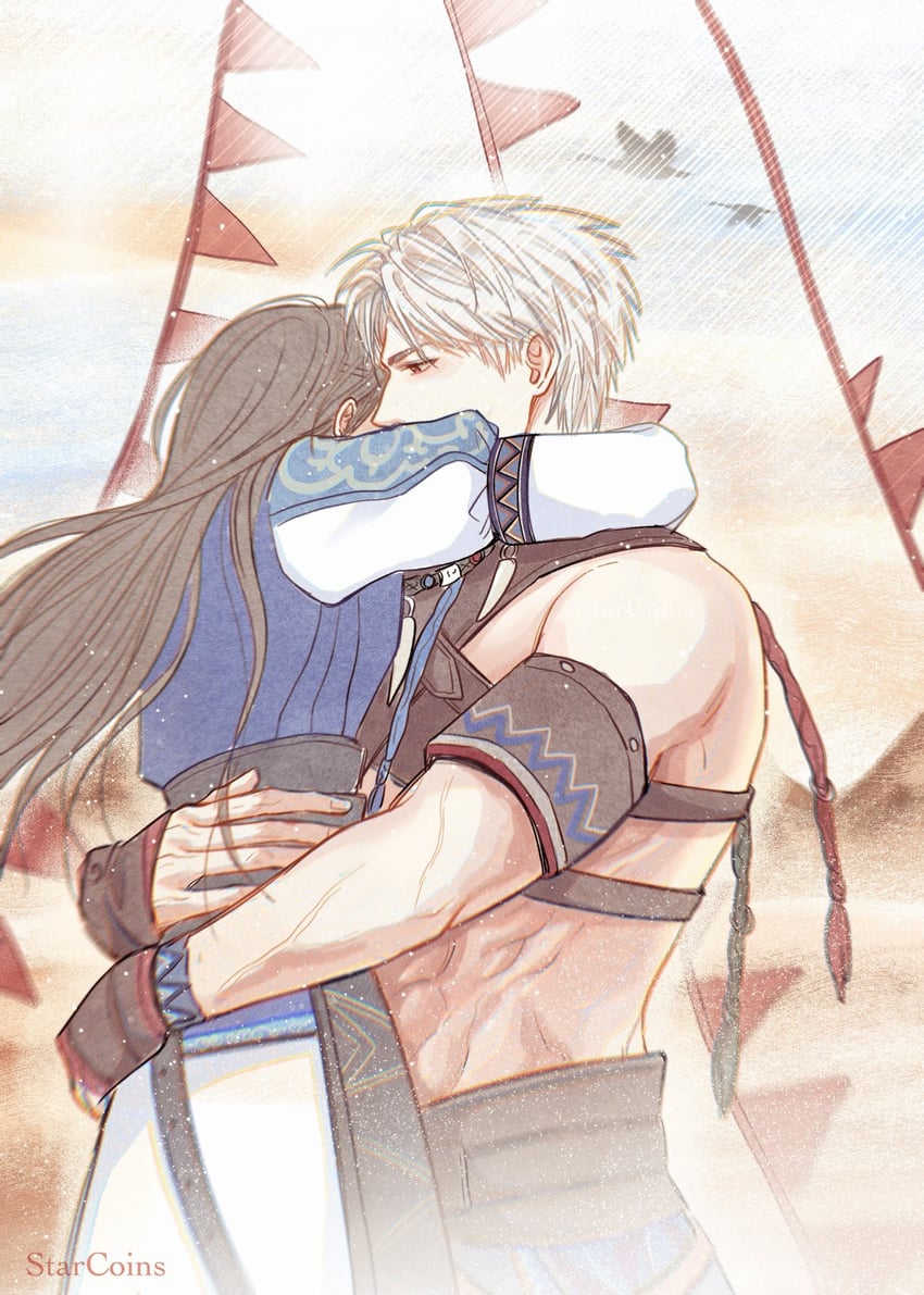 protagonist and sylus (love and deepspace) drawn by ssssingsing