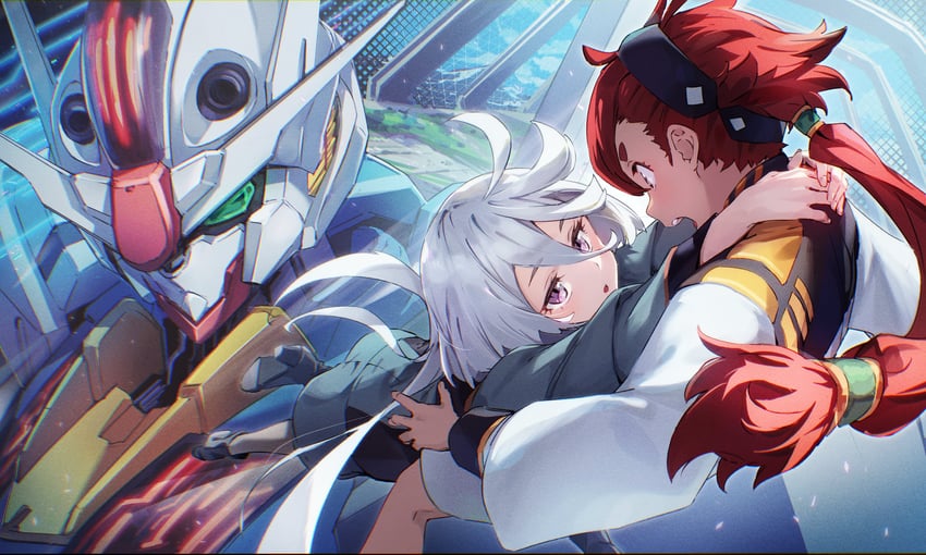 suletta mercury, miorine rembran, and gundam aerial (gundam and 1 more) drawn by eva_mashiro