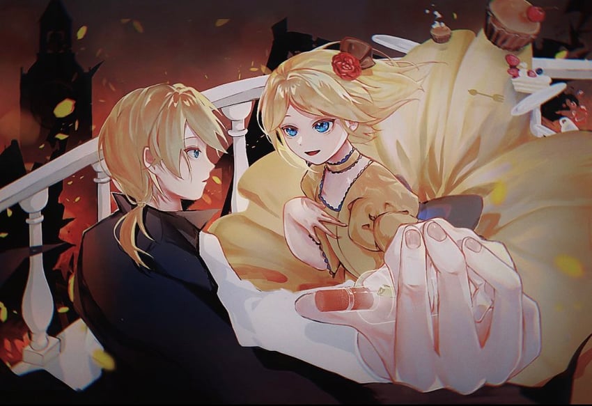 kagamine rin, kagamine len, riliane lucifen d'autriche, and allen avadonia (vocaloid and 3 more) drawn by yezi0331