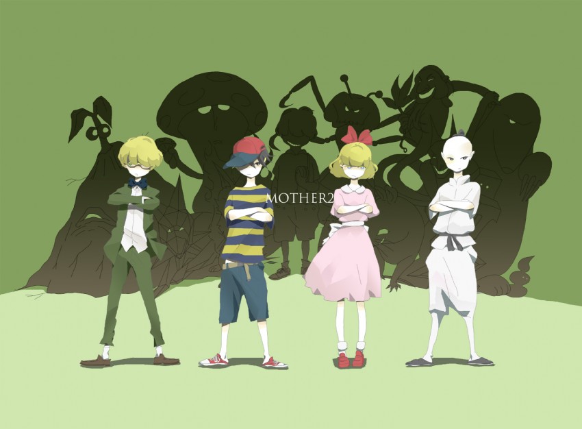 ness, paula, jeff andonuts, poo, and porky minch (mother and 1 more) drawn by gacha_ho