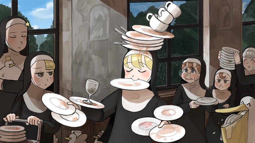 clumsy nun, froggy nun, spicy nun, glasses nun, sheep nun, and 1 more (little nuns) drawn by diva_(hyxpk)