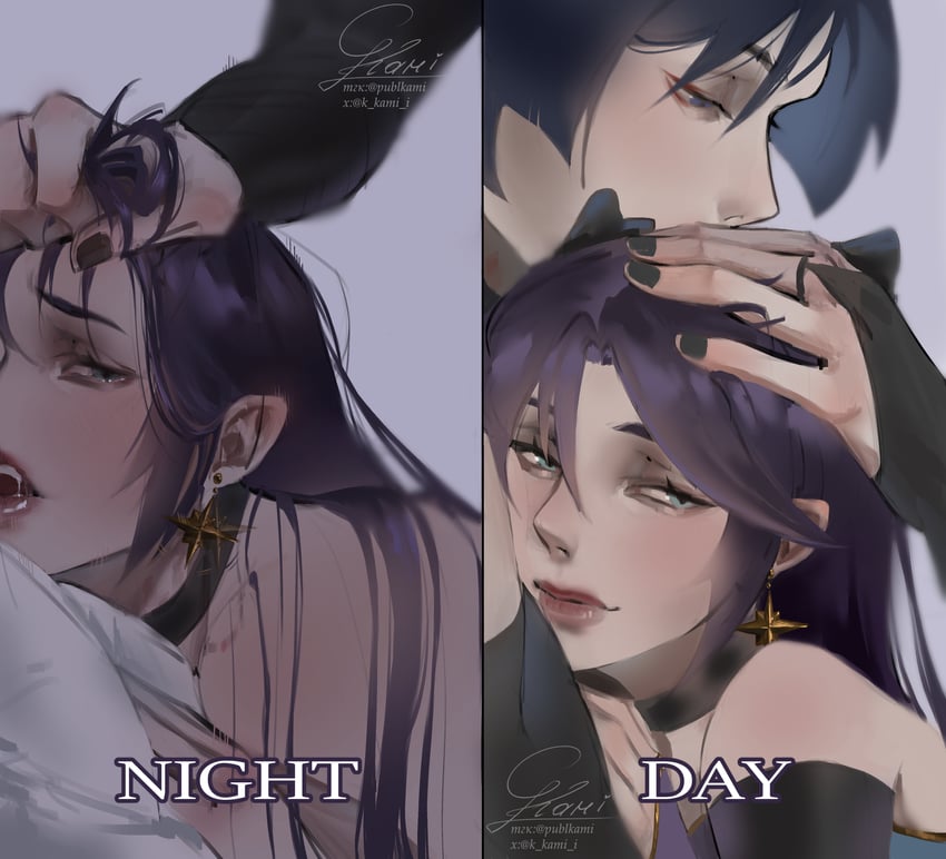 scaramouche, wanderer, and mona (genshin impact) drawn by k_kami_i