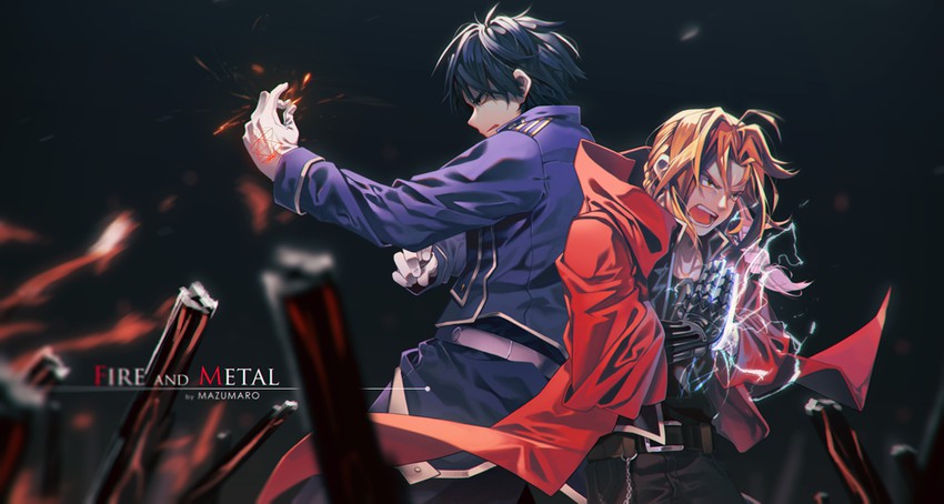 edward elric and roy mustang (fullmetal alchemist) drawn by mazumaro