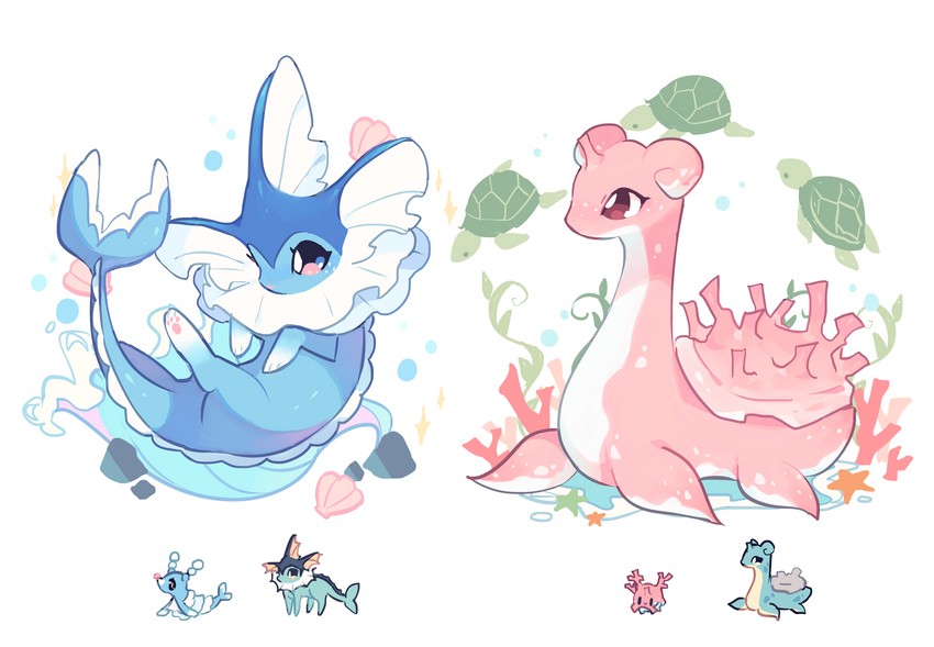 vaporeon, lapras, corsola, and brionne (pokemon) drawn by charamells