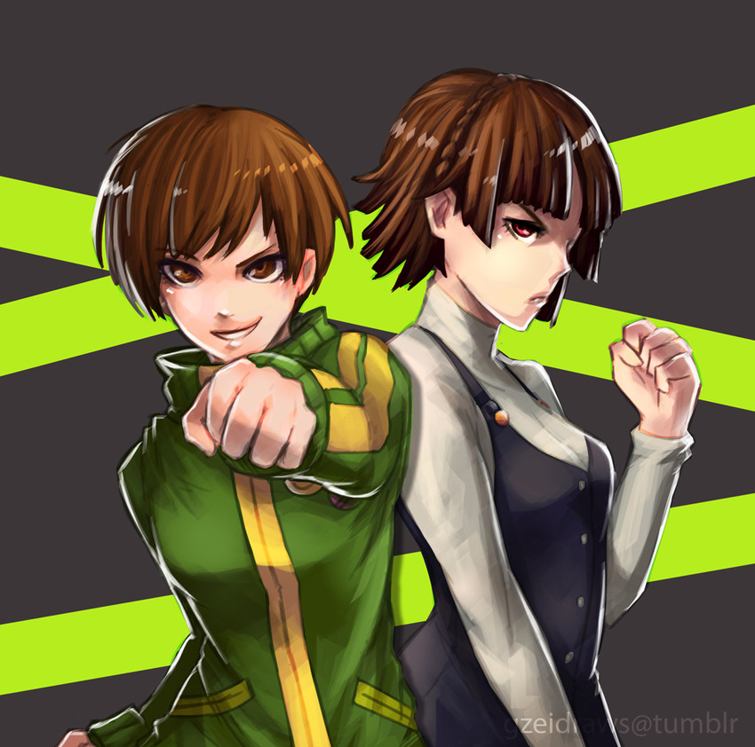 satonaka chie and niijima makoto (persona and 2 more) drawn by gzei