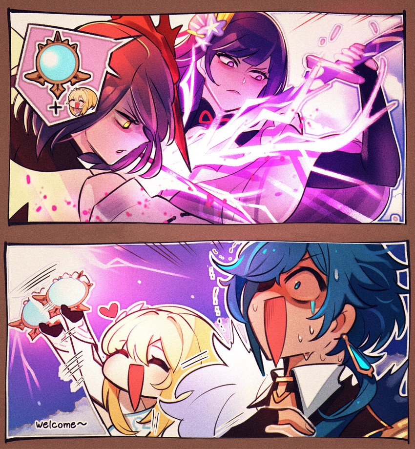 lumine, raiden shogun, kaeya, and kujou sara (genshin impact) drawn by enpitsu01